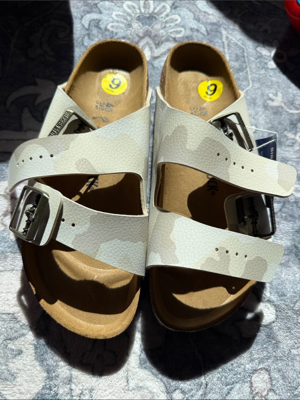 Birkenstock woman’s size 9 Two-Strap White Camo Sandals new